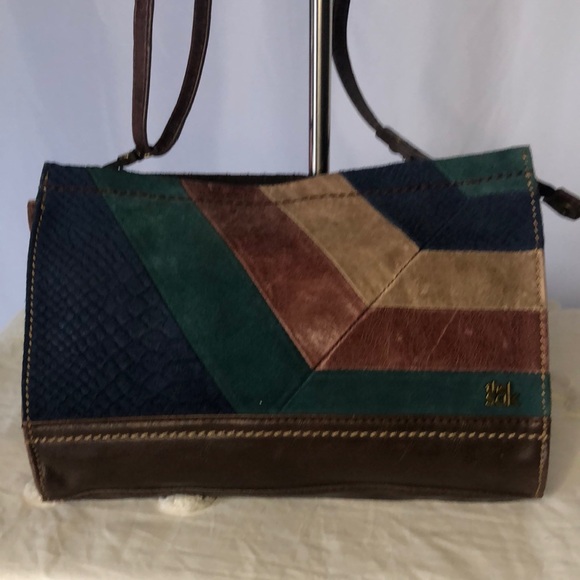 THE SAK brown, green,and blue leather and suede shoulder bag. Detachable straps. - Picture 1 of 12